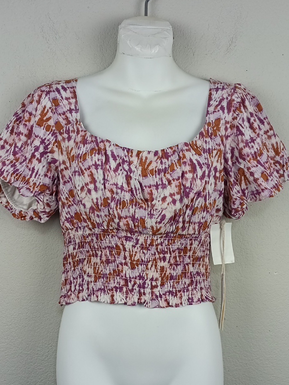 Love & Piece Smocked Square-Neck in Pink / Purple & Brown Boho Crop Top sz L